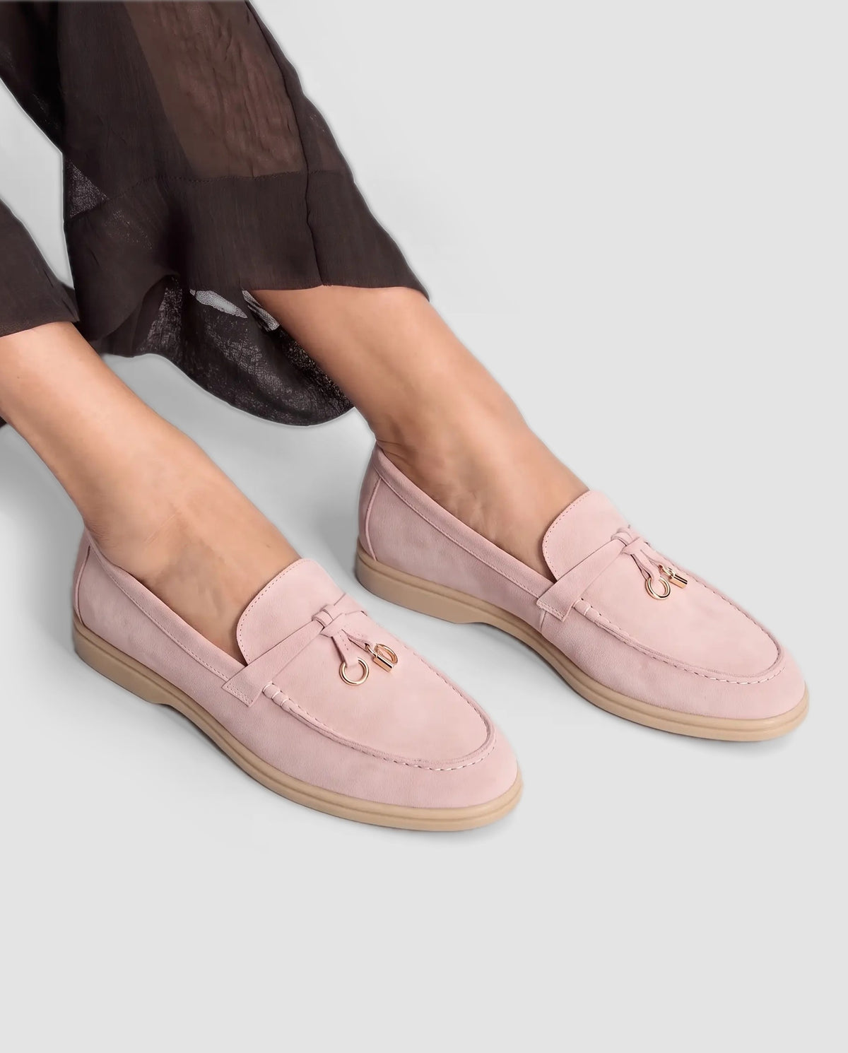 Belugga Women's Loafer — Blush Pink Suede — on foot, close-up