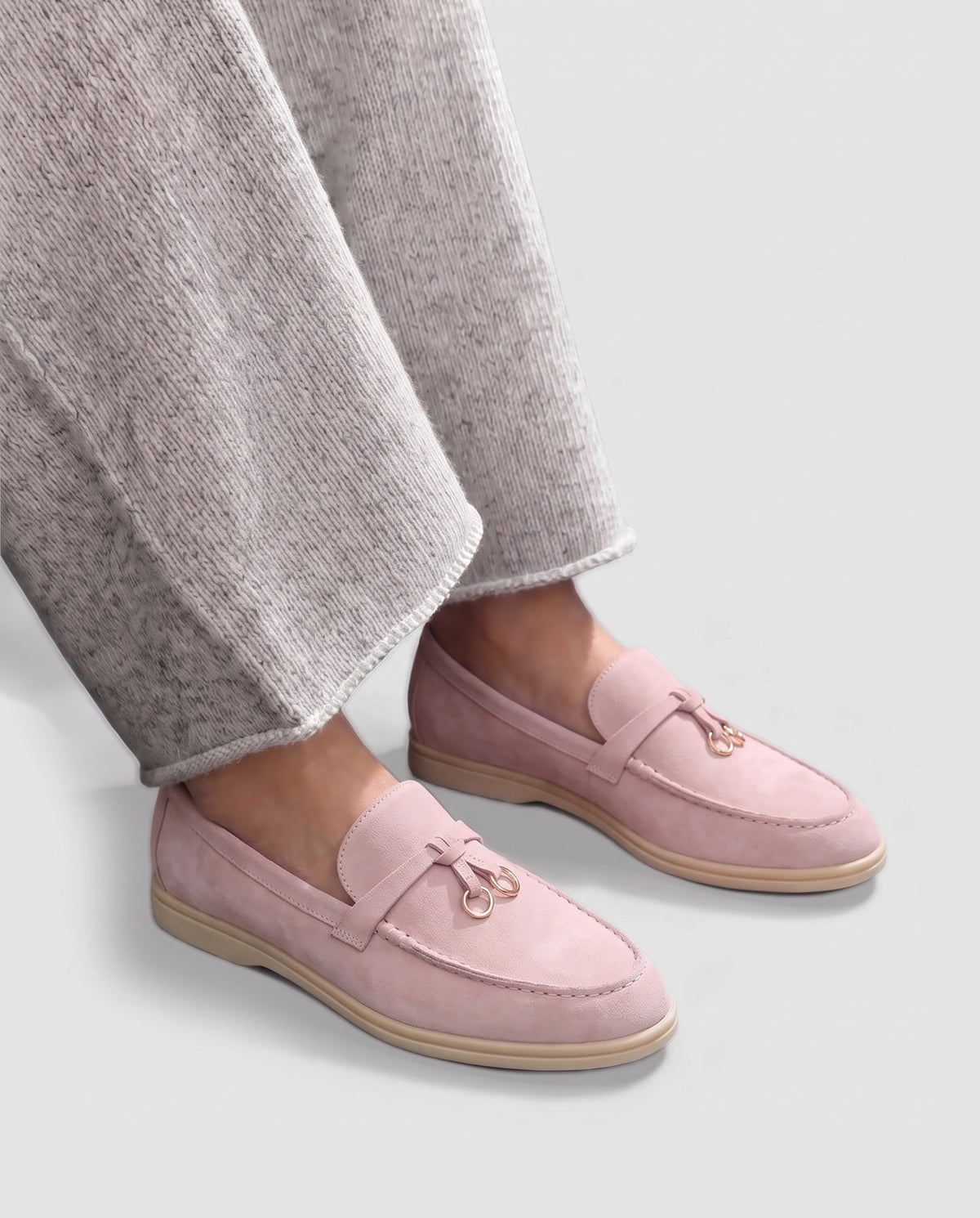 Belugga Women's Loafer — Blush Pink Suede — on foot, close-up