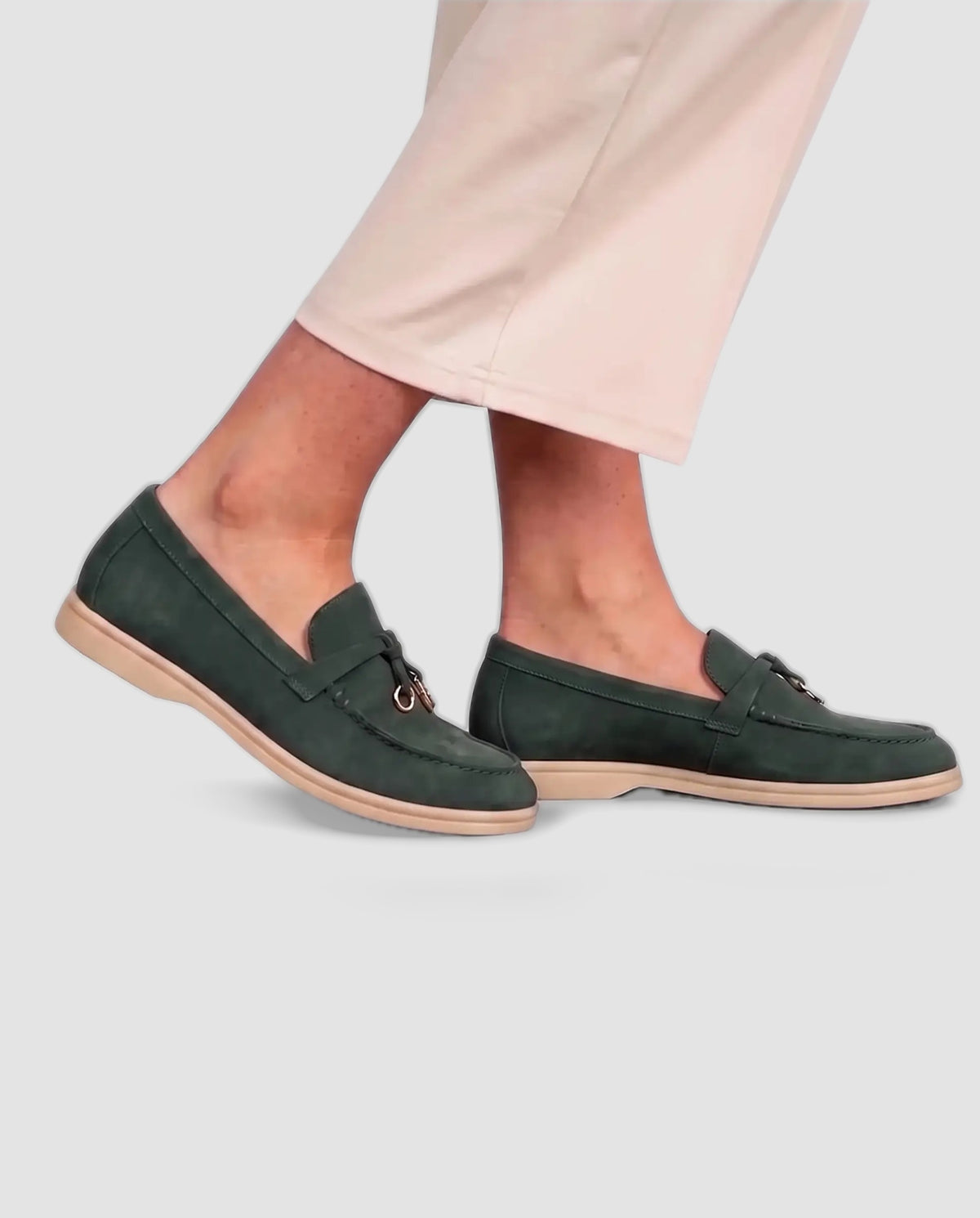 Belugga Women's Loafer — Forest Green Suede — on foot, close-up