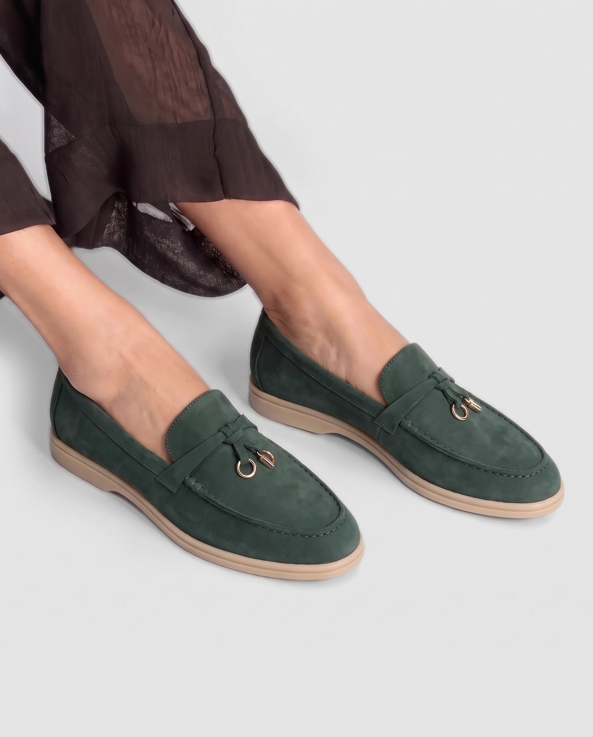 Belugga Women's Loafer — Forest Green Suede — on foot, close-up