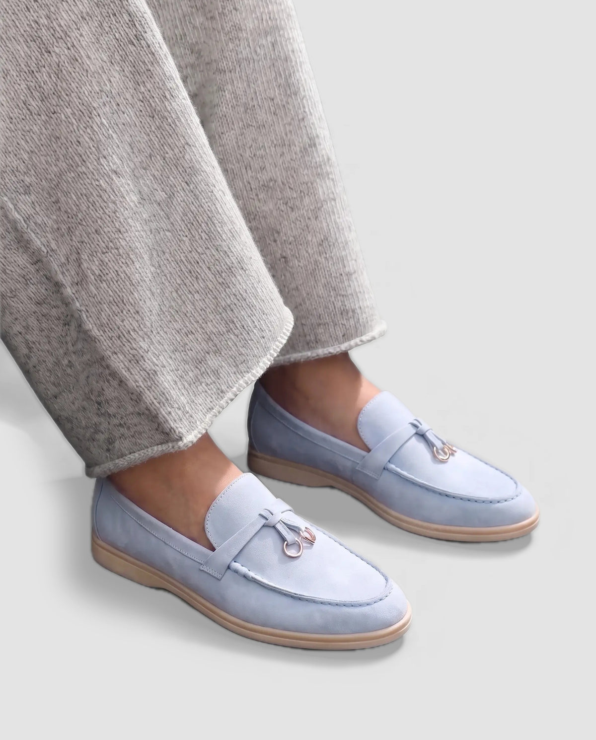 Belugga Women's Loafer — Sky Blue Suede — on foot, close-up