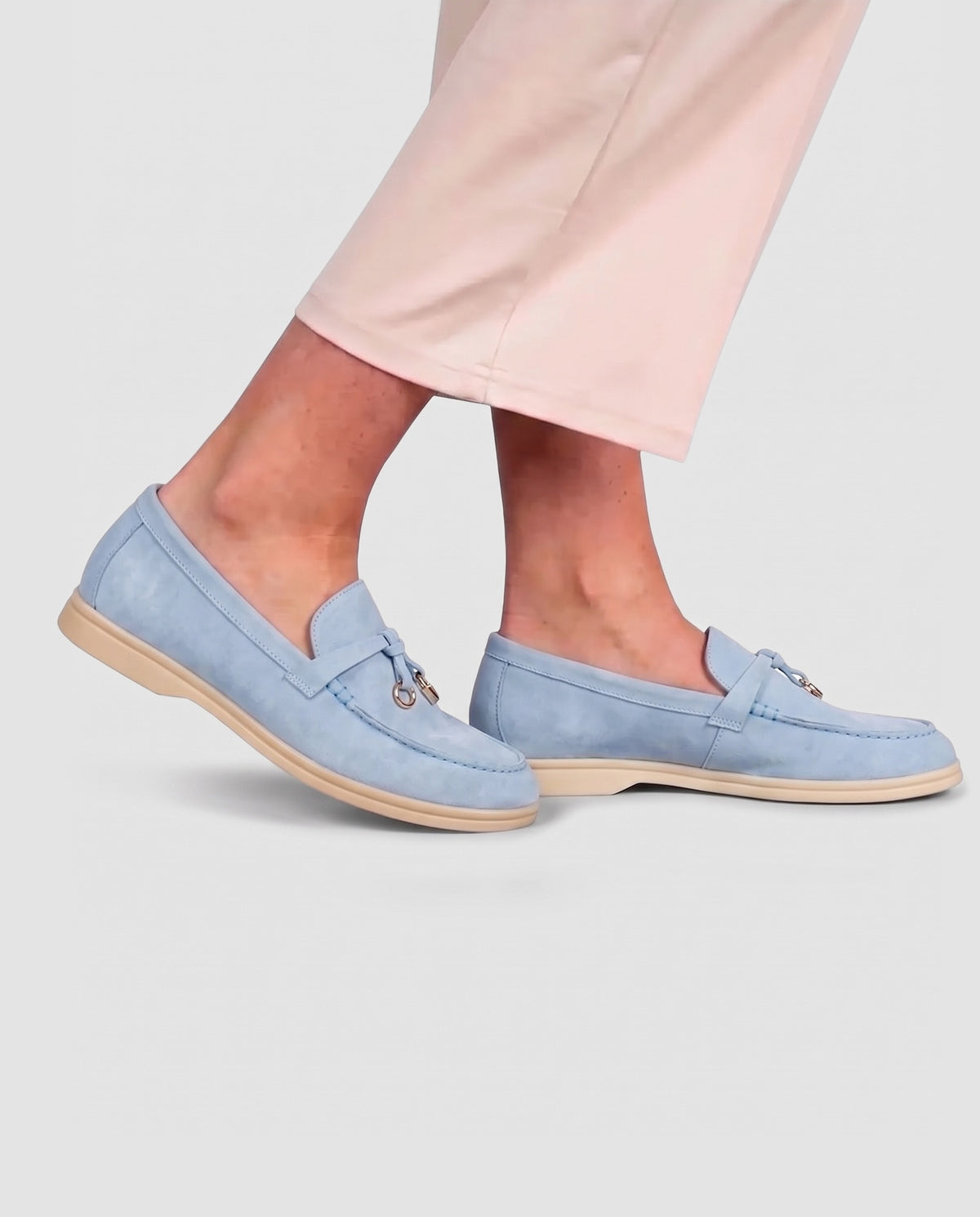 Belugga Women's Loafer — Sky Blue Suede — on foot, close-up