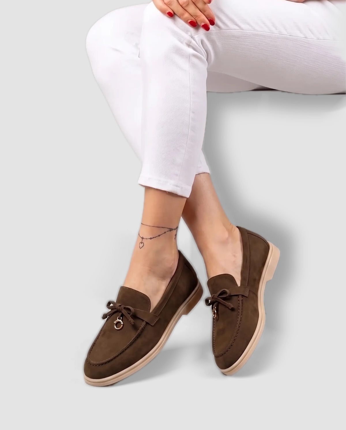 Belugga Women's Loafer — Tobacco Suede — on foot, close-up