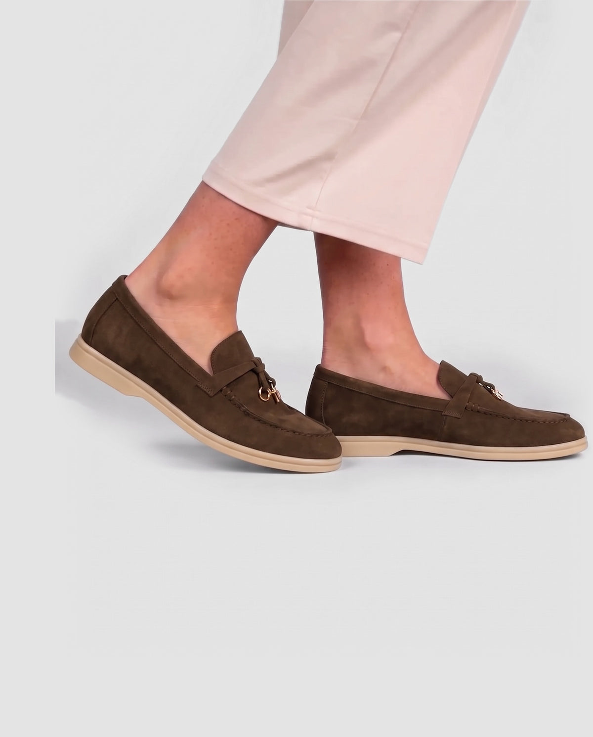 Belugga Women's Loafer — Tobacco Suede — on foot, close-up