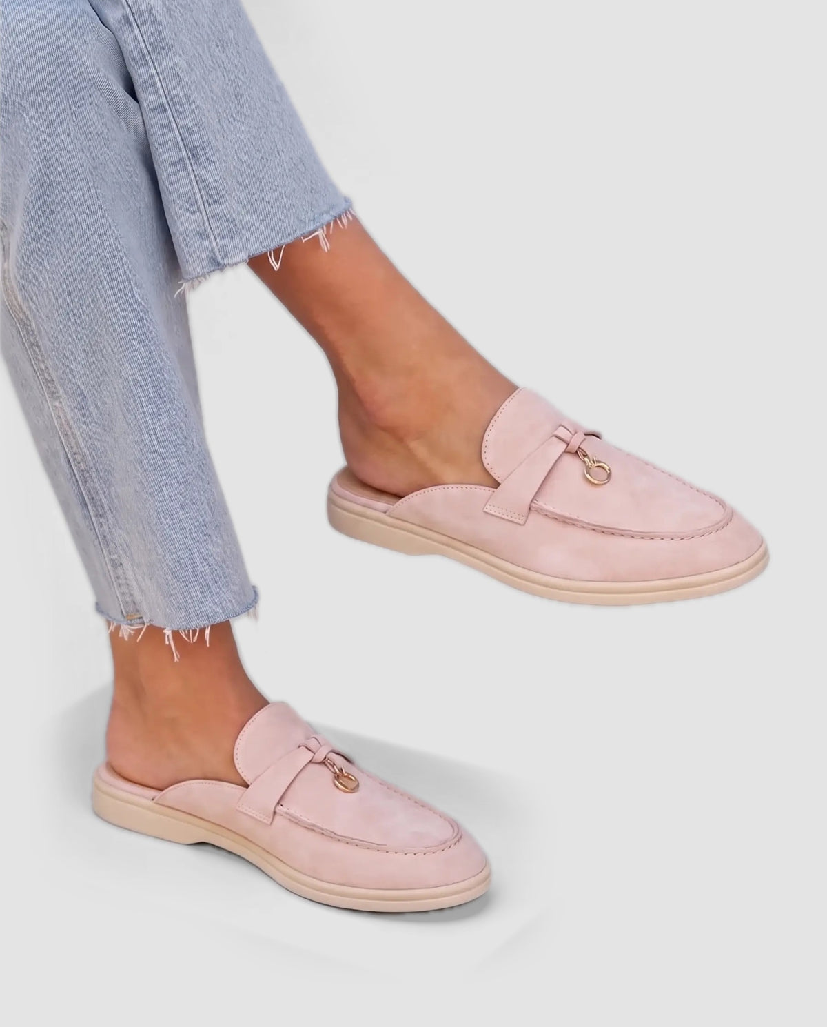 Belugga Women's Mule — Blush Pink Suede — on foot, close-up