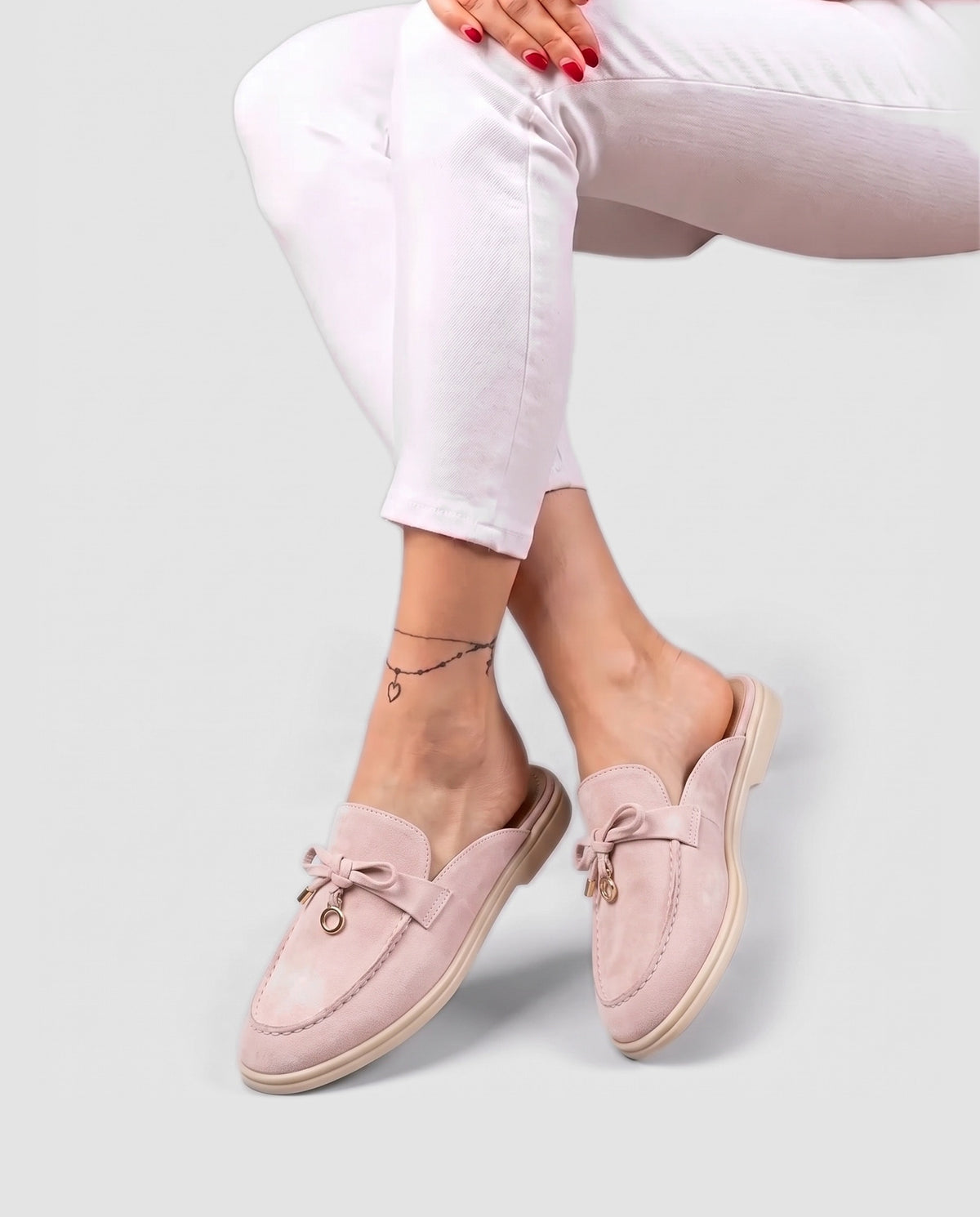 Belugga Women's Mule — Blush Pink Suede — on foot, close-up