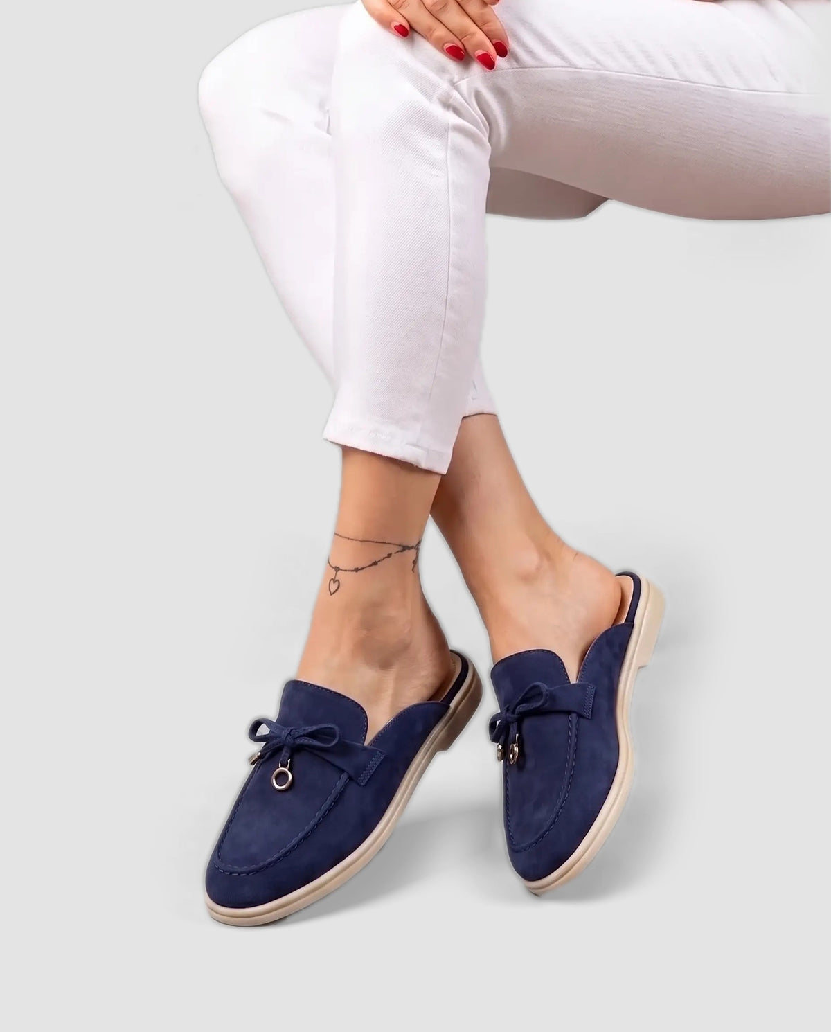 Belugga Women's Mule — Navy Suede — on foot, close-up