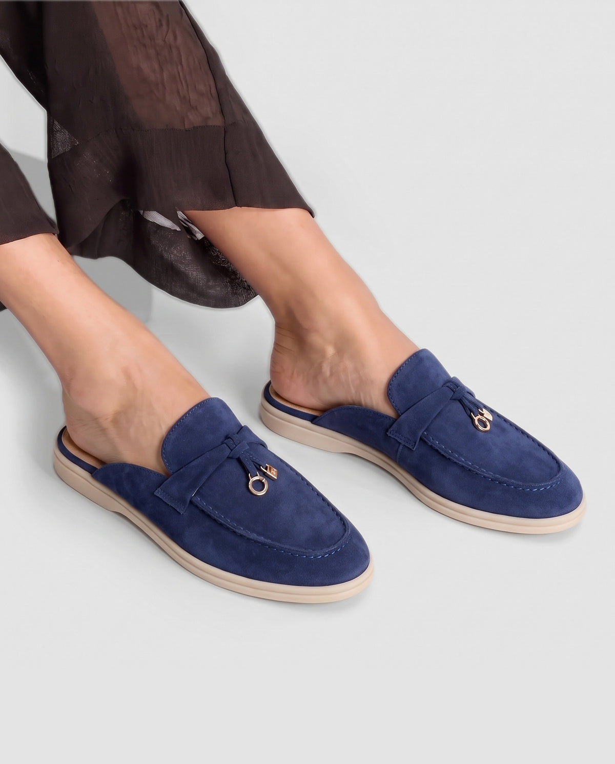 Belugga Women's Mule — Navy Suede — on foot, close-up