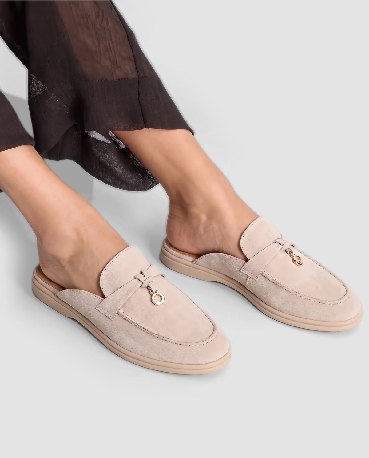 Belugga Women's Mule — Sand Suede — on foot, close-up