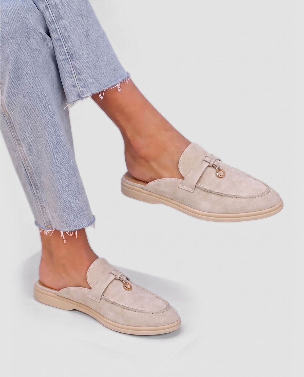 Belugga Women's Mule — Sand Suede — on foot, close-up