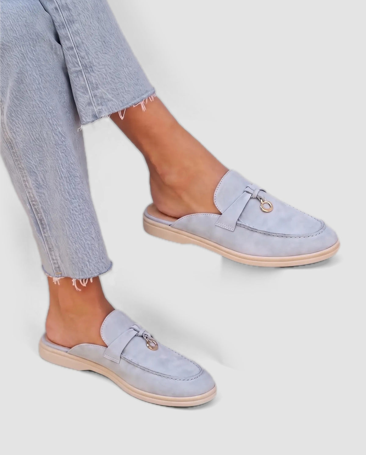 Belugga Women's Mule — Sky Blue Suede — on foot, close-up