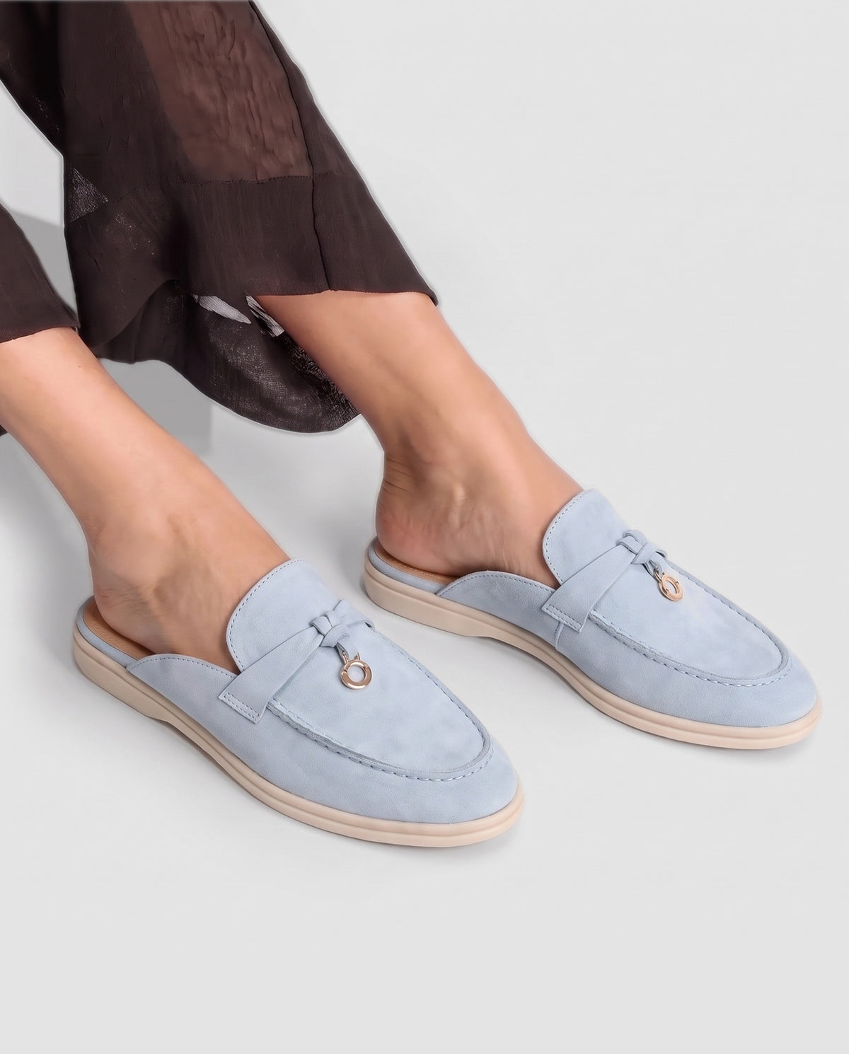Belugga Women's Mule — Sky Blue Suede — on foot, close-up