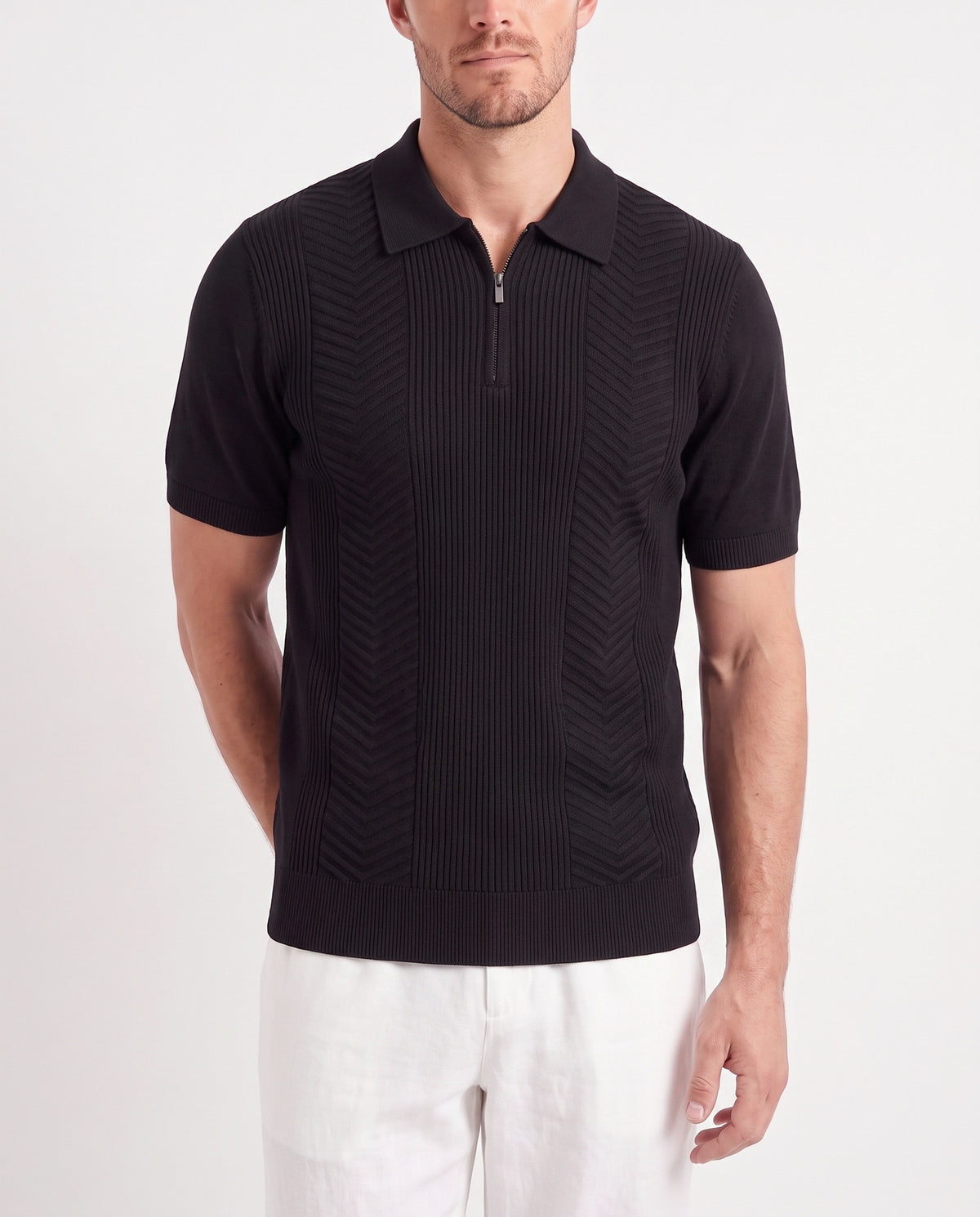 Chevron Quarter-Zip Knit Polo — Black — close-up on the model, worn with Linen Trouser, Drawstring — White and Terra Loafer — Olive Suede, White Sole