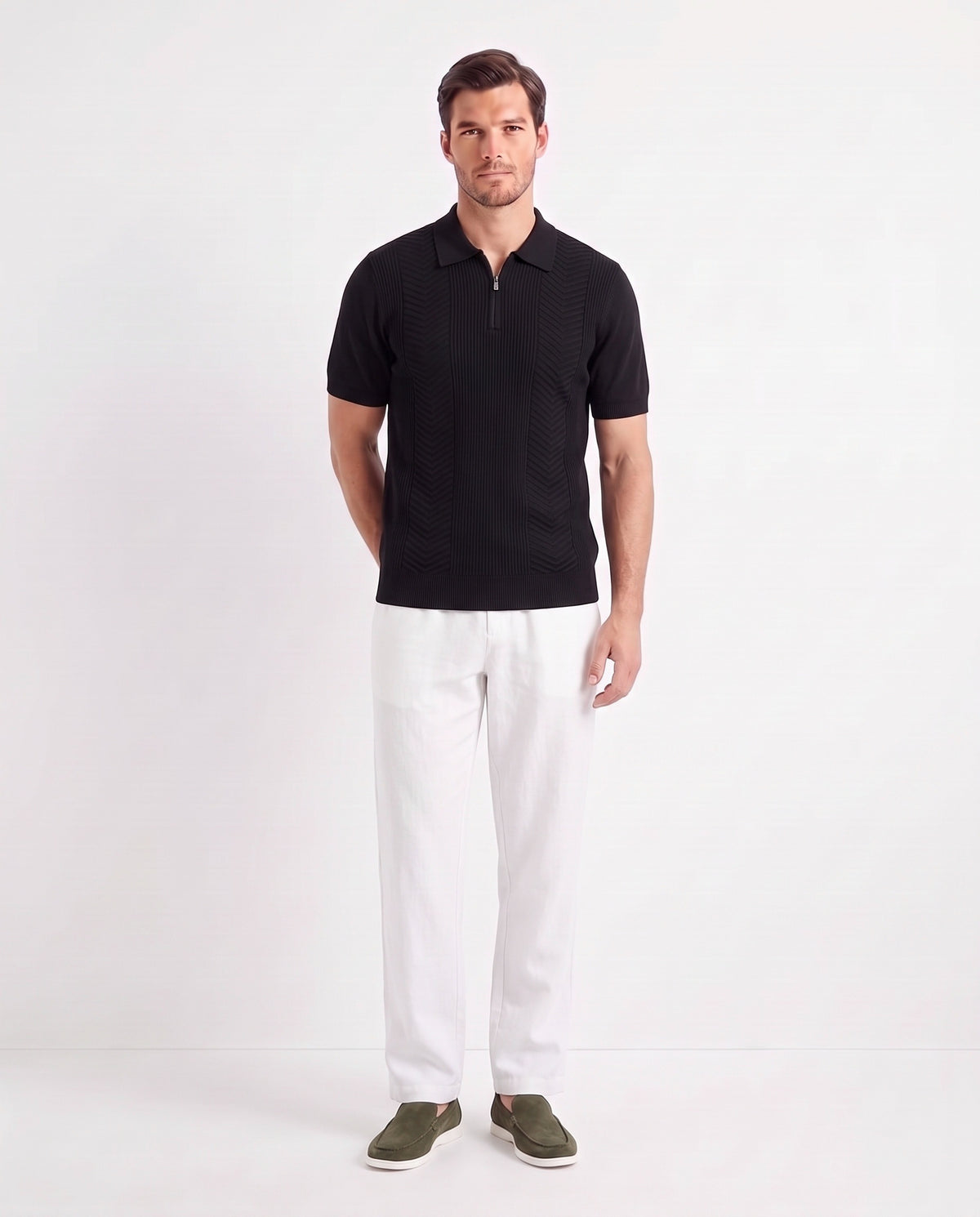 Chevron Quarter-Zip Knit Polo — Black — full look on the model, worn with Linen Trouser, Drawstring — White and Terra Loafer — Olive Suede, White Sole