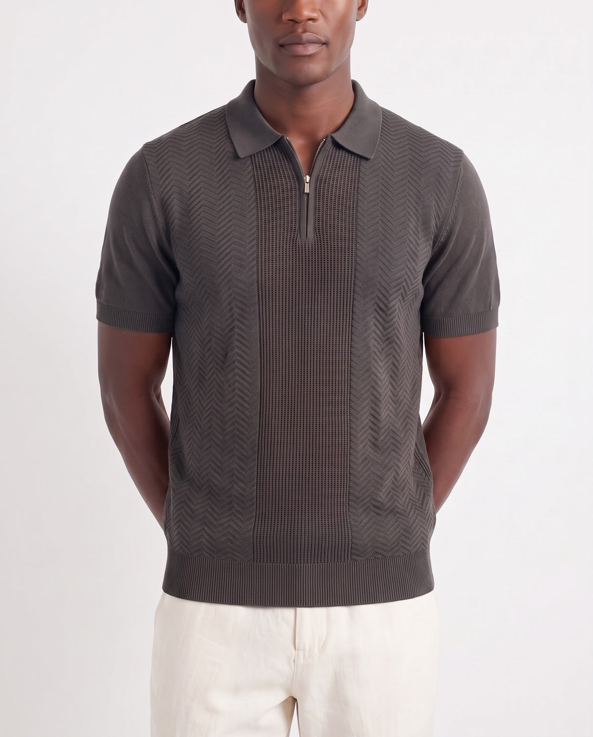 Chevron Quarter-Zip Knit Polo — Charcoal — close-up on the model, worn with Linen Trouser, Button Waist — Cream and Terra Loafer — Black Suede, White Sole