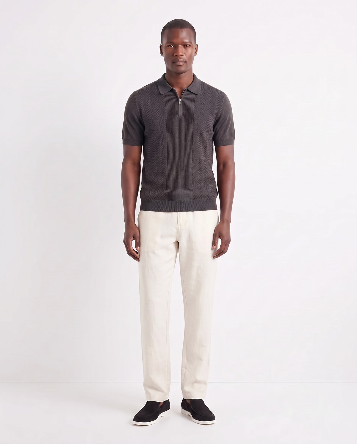 Chevron Quarter-Zip Knit Polo — Charcoal — full look on the model, worn with Linen Trouser, Button Waist — Cream and Terra Loafer — Black Suede, White Sole