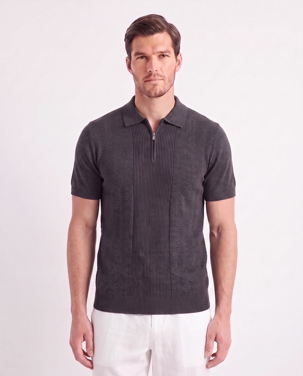 Chevron Quarter-Zip Knit Polo — Charcoal — close-up on the model, worn with Linen Trouser, Drawstring — White and Terra Loafer — Dark Charcoal, White Sole
