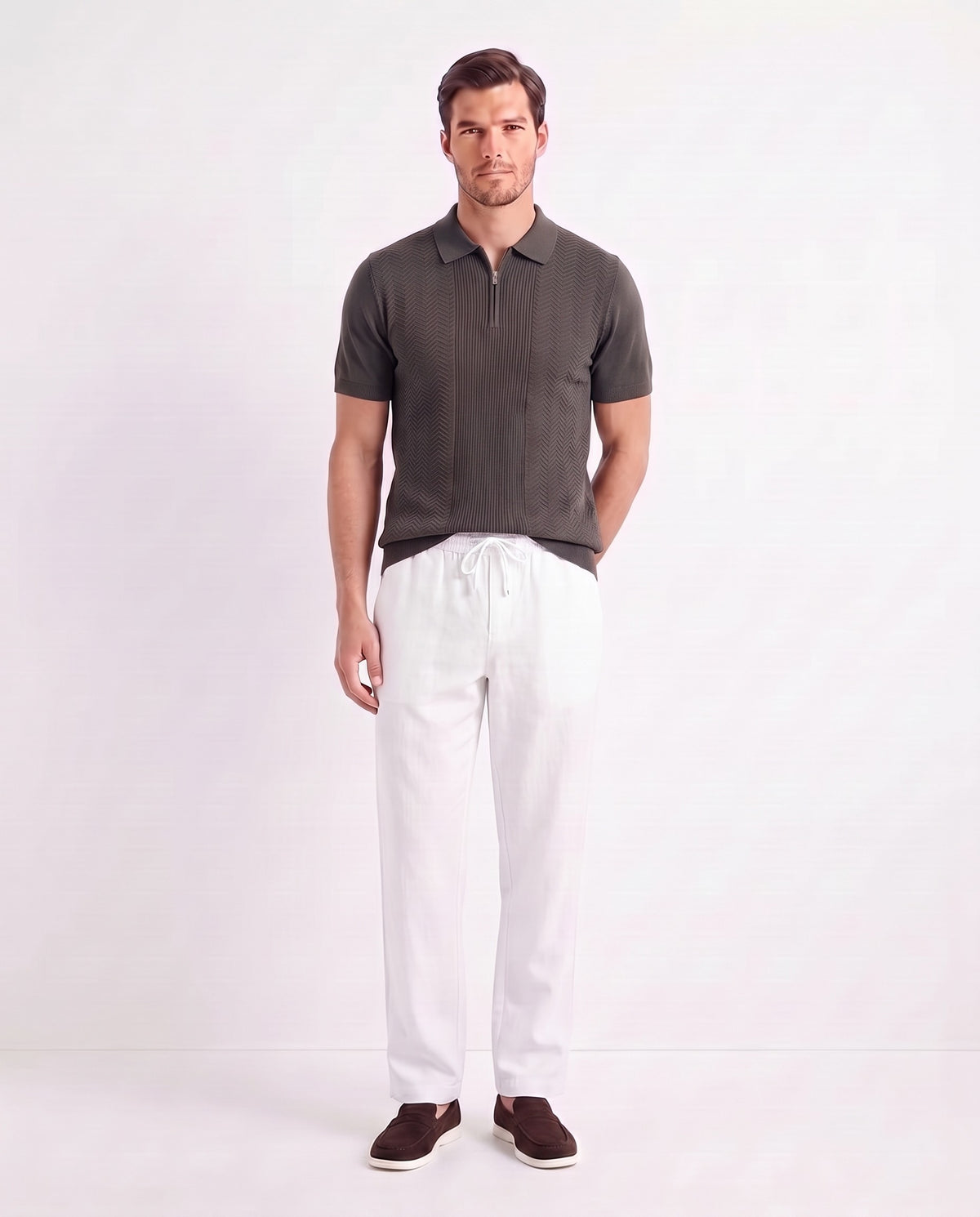 Chevron Quarter-Zip Knit Polo — Charcoal — full look on the model, worn with Linen Trouser, Drawstring — White and Terra Loafer — Dark Charcoal, White Sole