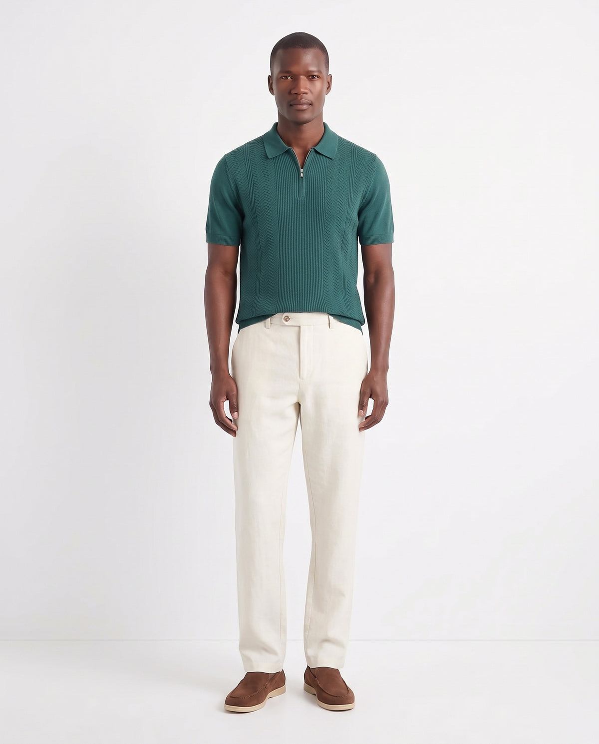 Chevron Quarter-Zip Knit Polo — Green — full look on the model, worn with Linen Trouser, Button Waist — Cream and Terra Loafer — Cocoa, Beige Sole