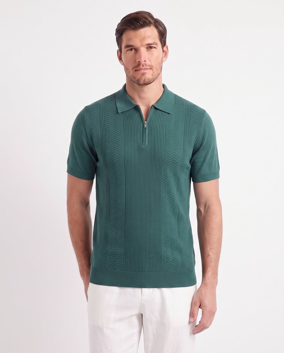 Chevron Quarter-Zip Knit Polo — Green — close-up on the model, worn with Linen Trouser, Drawstring — White and Terra Loafer — Light Brown, Beige Sole