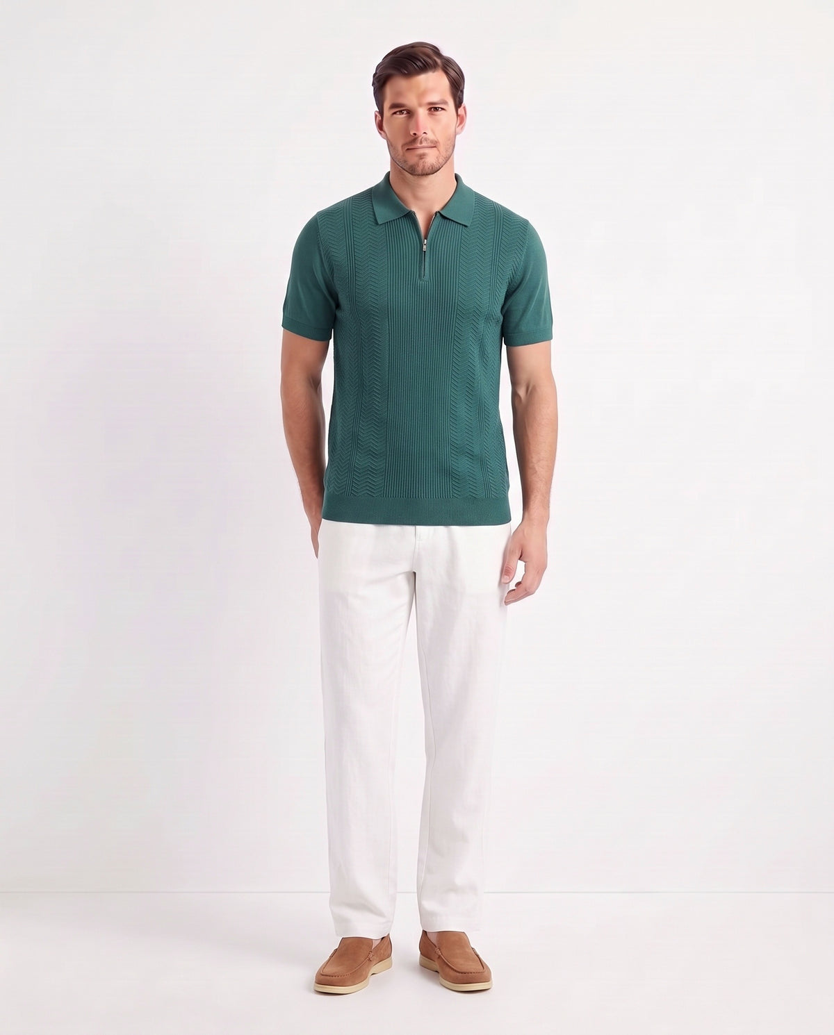 Chevron Quarter-Zip Knit Polo — Green — full look on the model, worn with Linen Trouser, Drawstring — White and Terra Loafer — Light Brown, Beige Sole