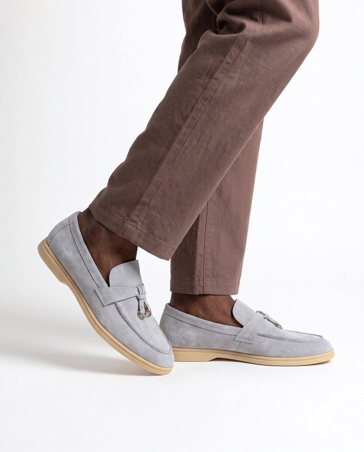 Clasp Loafer — Grey Clasp, Beige Sole — on foot, close-up, worn with Textured Knit Polo — Cream and Linen Trouser, Drawstring — Brown