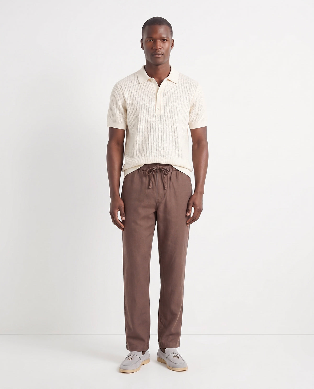 Clasp Loafer — Grey Clasp, Beige Sole — full look on the model, worn with Textured Knit Polo — Cream and Linen Trouser, Drawstring — Brown