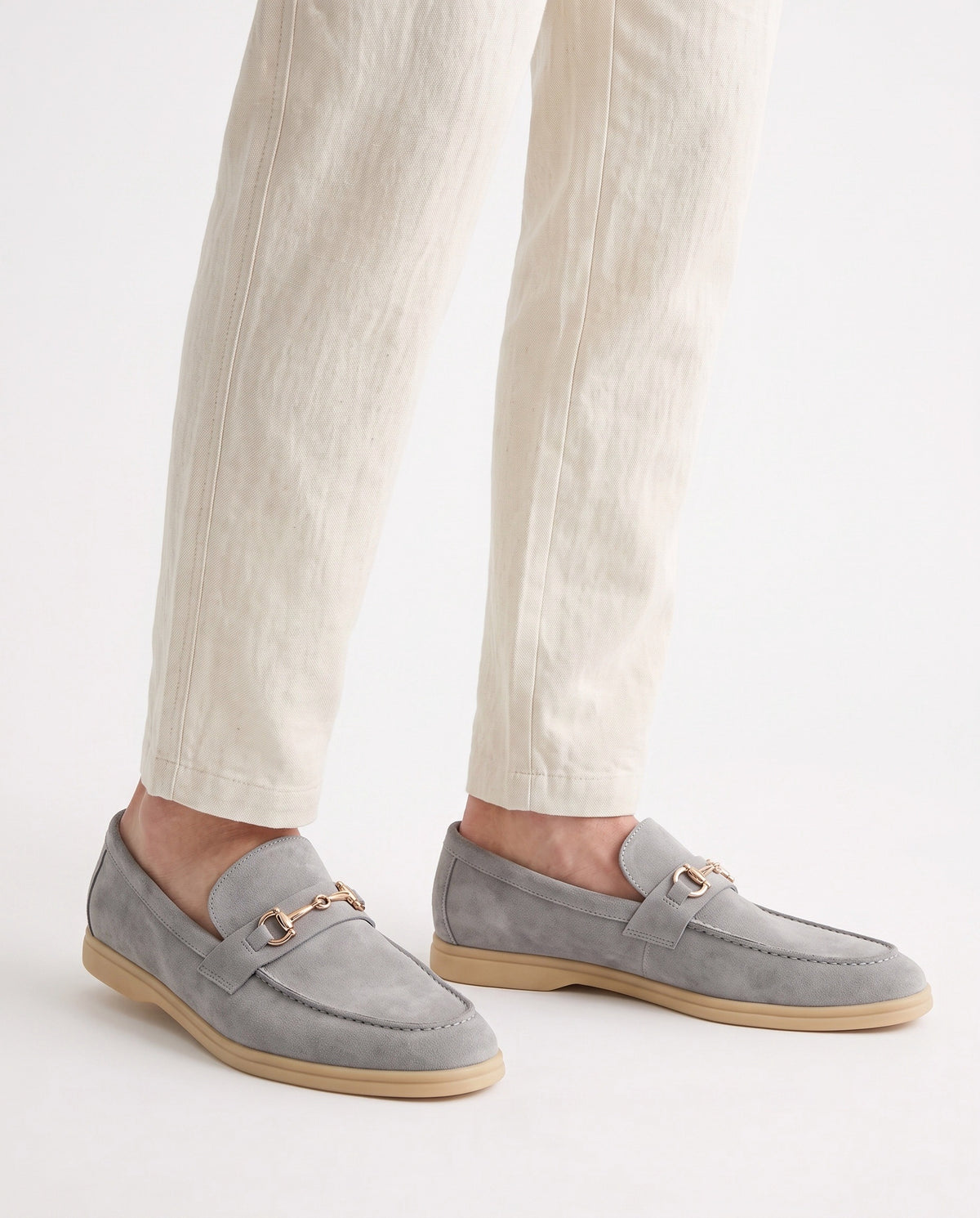 Clasp Loafer — Grey Clasp, Beige Sole — on foot, close-up, worn with Contrast Collar Knit Polo — Rust and Linen Trouser, Button Waist — Cream