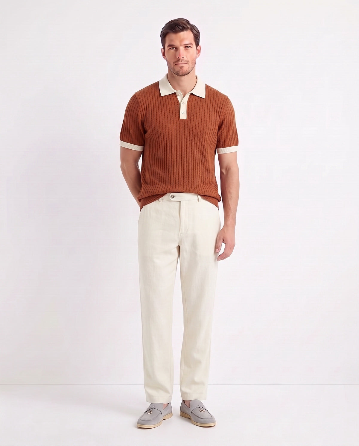 Clasp Loafer — Grey Clasp, Beige Sole — full look on the model, worn with Contrast Collar Knit Polo — Rust and Linen Trouser, Button Waist — Cream