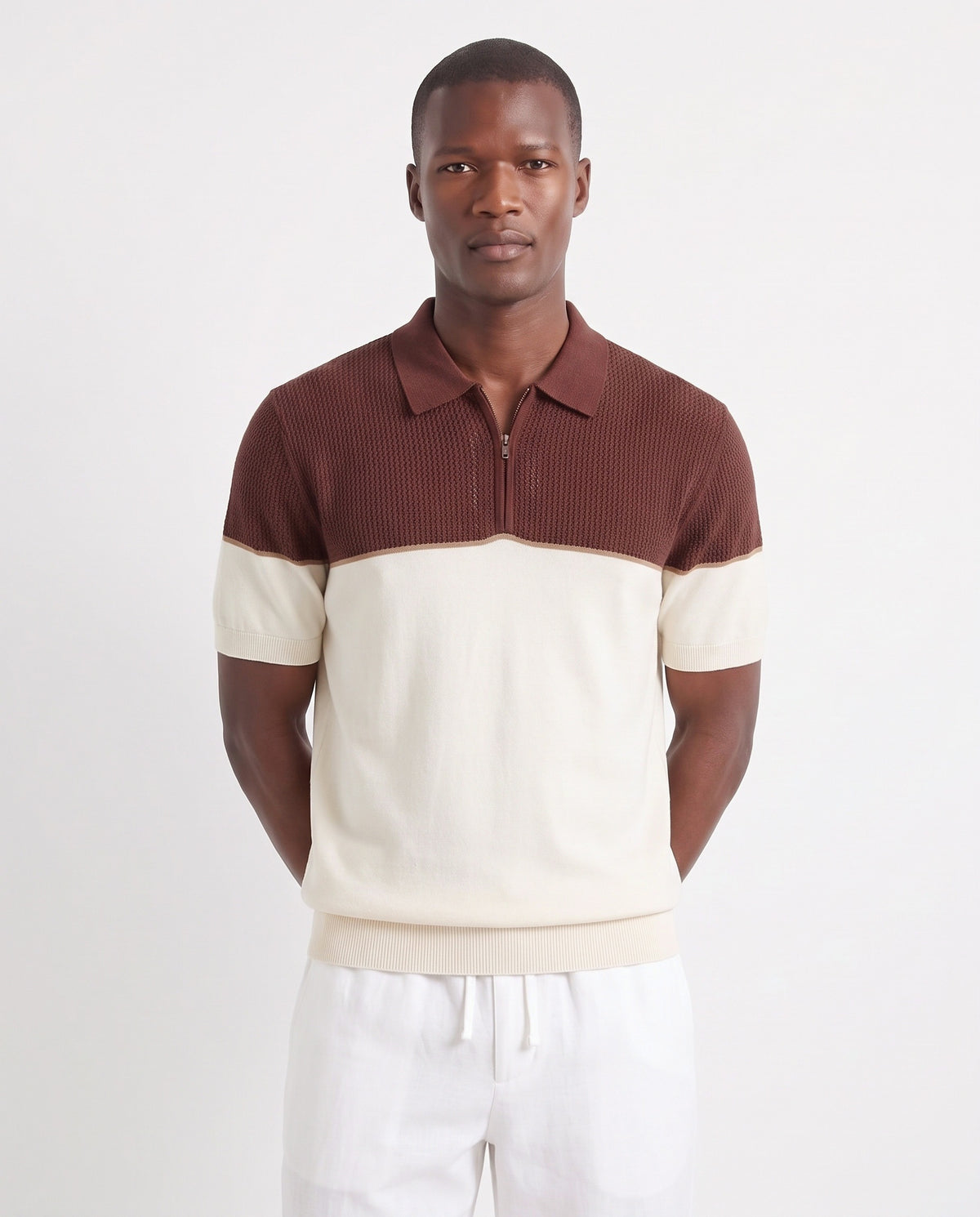 Colour-Block Knit Polo — Brown / Cream — close-up on the model, worn with Linen Trouser, Drawstring — White and Terra Loafer — Olive Suede, Beige Sole