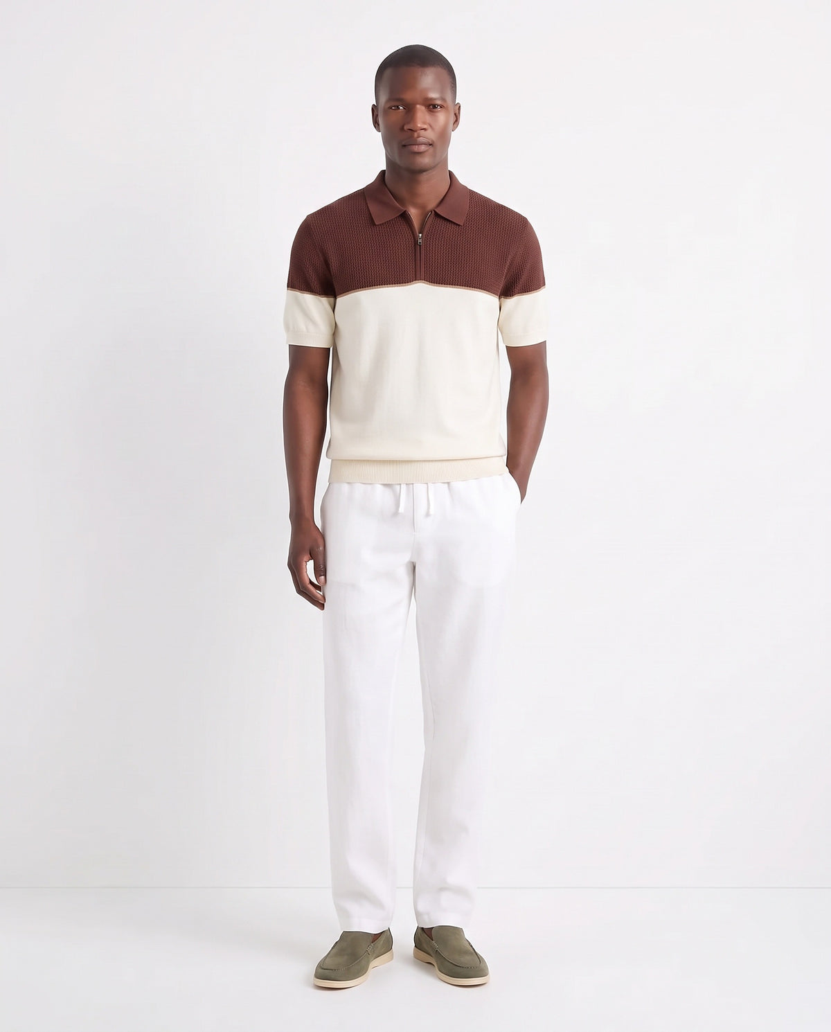 Colour-Block Knit Polo — Brown / Cream — full look on the model, worn with Linen Trouser, Drawstring — White and Terra Loafer — Olive Suede, Beige Sole