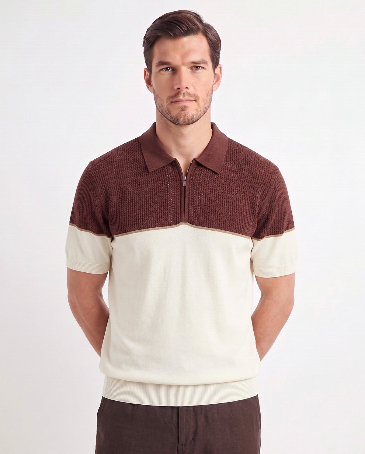 Colour-Block Knit Polo — Brown / Cream — close-up on the model, worn with Linen Trouser, Button Waist — Dark Brown and Dune Mule — Grey