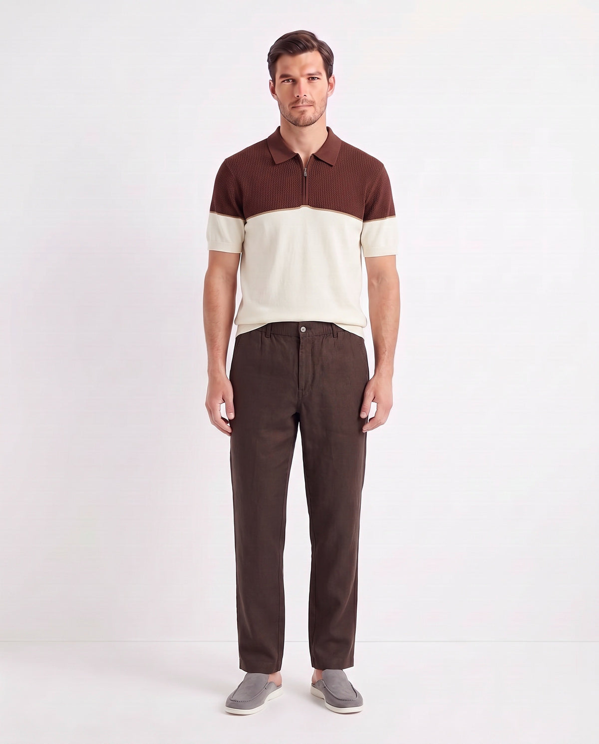 Colour-Block Knit Polo — Brown / Cream — full look on the model, worn with Linen Trouser, Button Waist — Dark Brown and Dune Mule — Grey