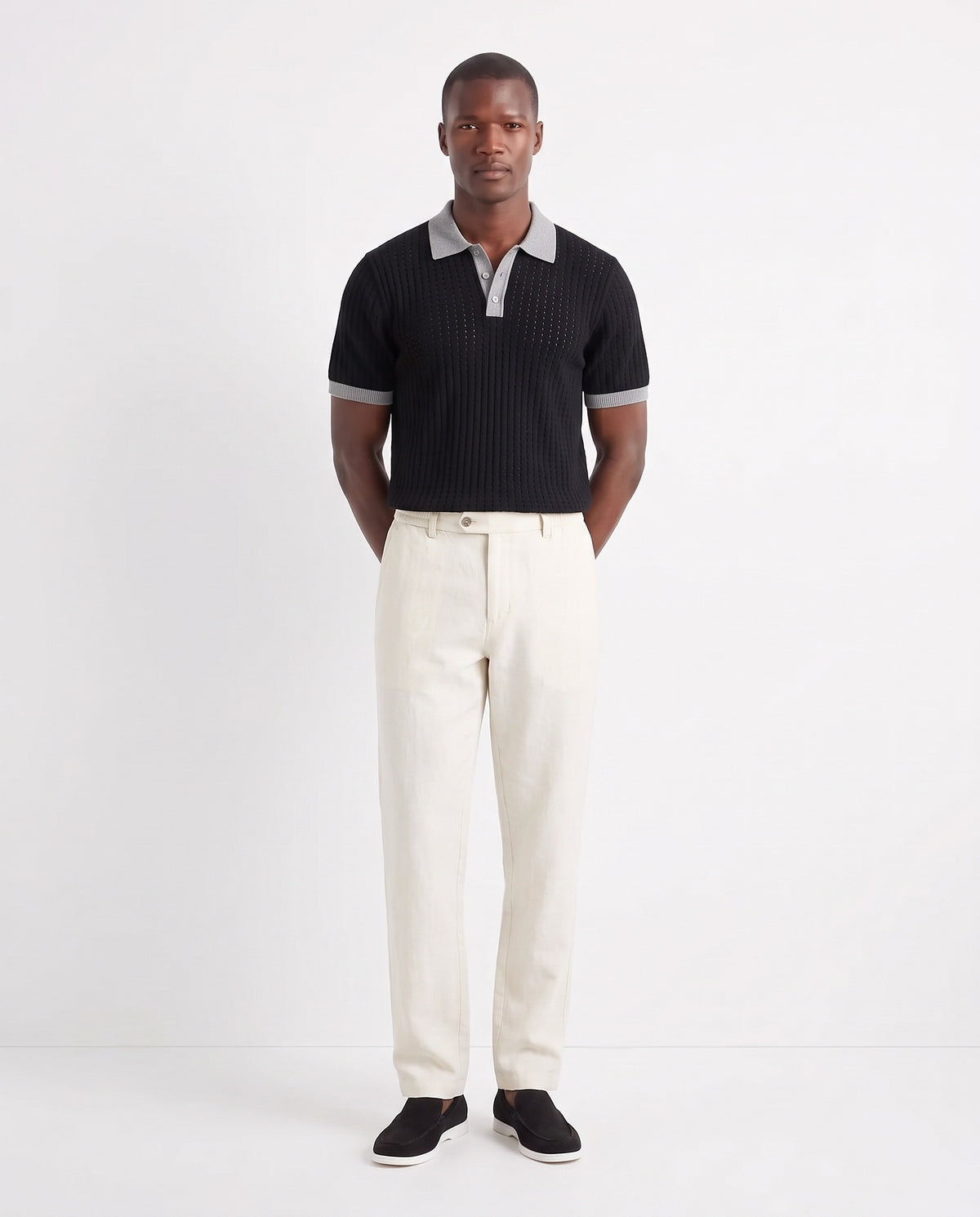 Contrast Collar Knit Polo — Black — full look on the model, worn with Linen Trouser, Button Waist — Cream and Terra Loafer — Black Suede, White Sole