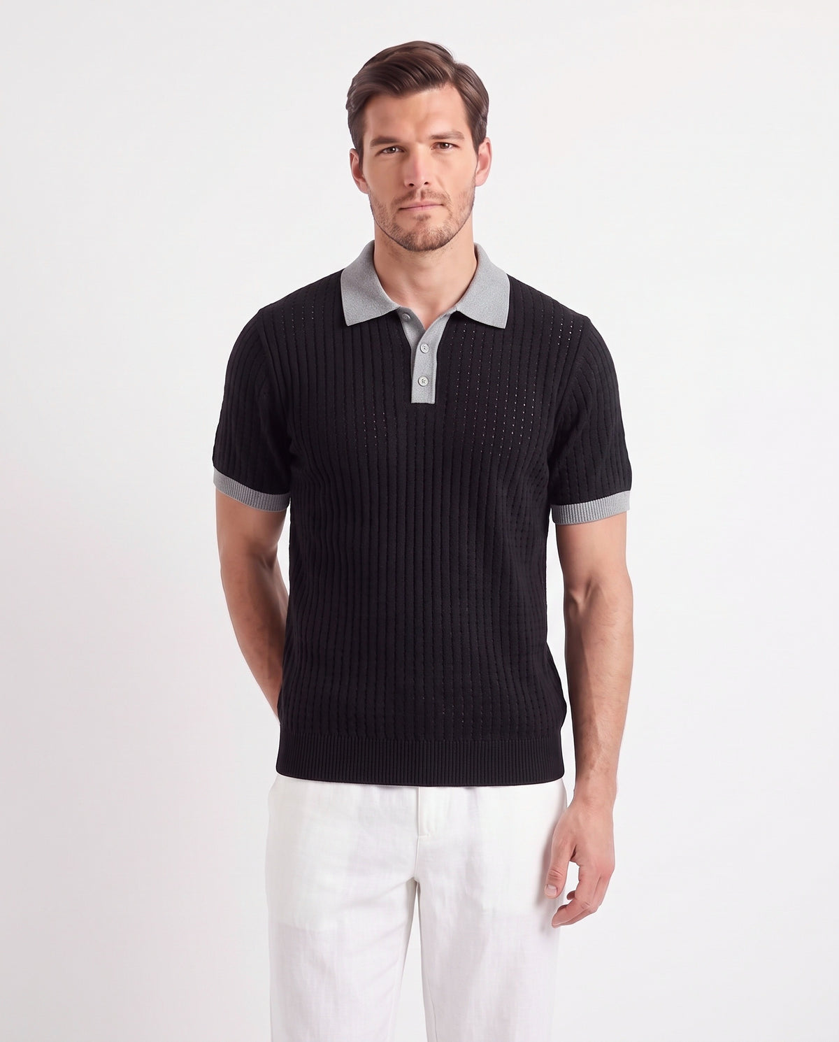 Contrast Collar Knit Polo — Black — close-up on the model, worn with Linen Trouser, Drawstring — White and Terra Loafer — Dark Brown, White Sole