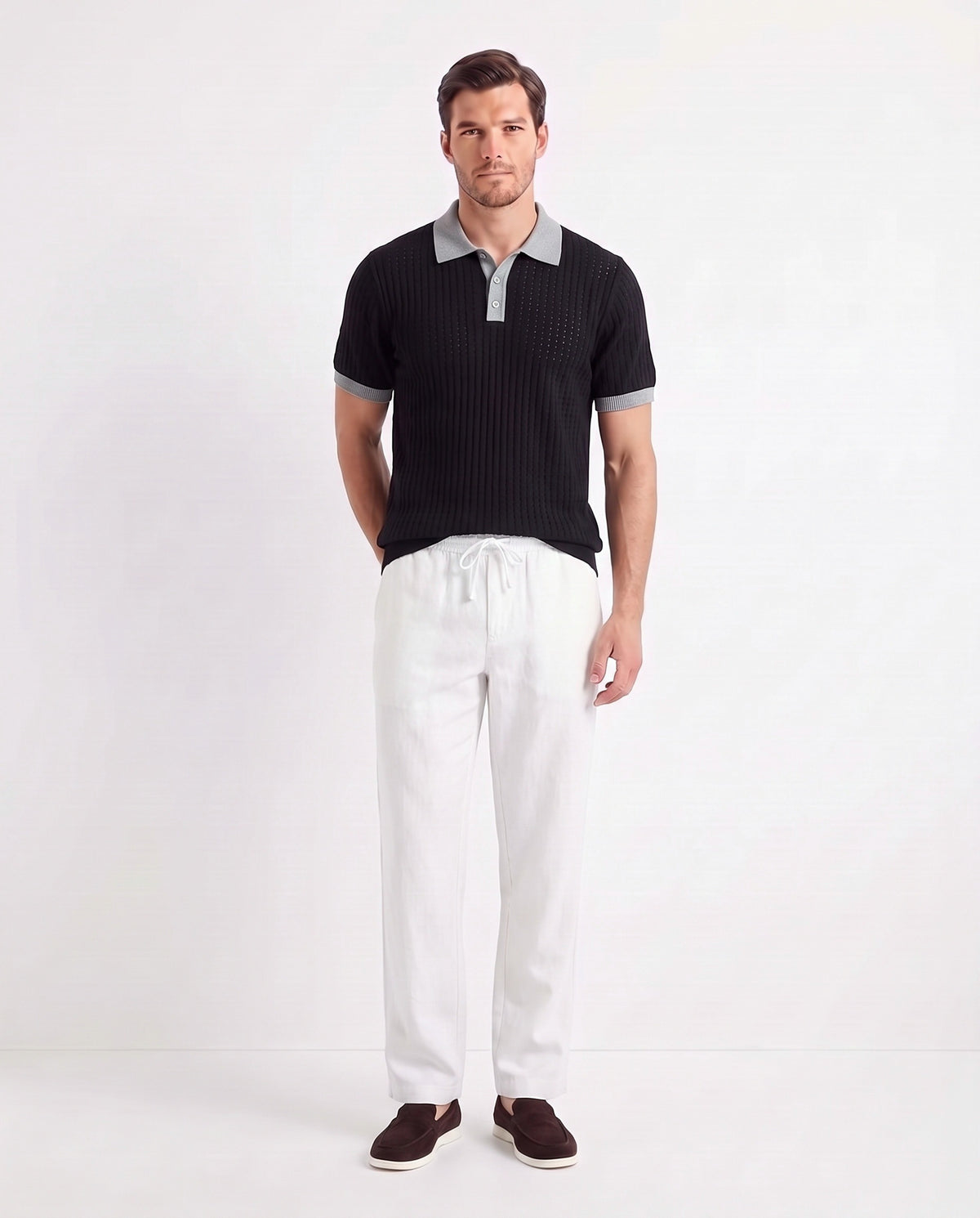 Contrast Collar Knit Polo — Black — full look on the model, worn with Linen Trouser, Drawstring — White and Terra Loafer — Dark Brown, White Sole