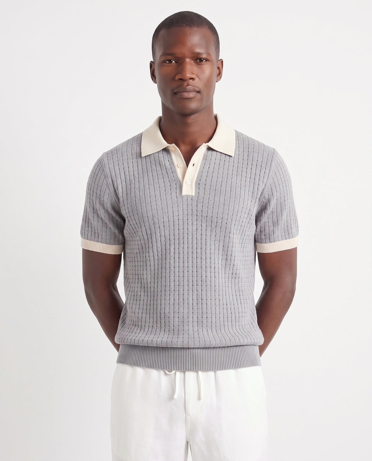 Contrast Collar Knit Polo — Grey — close-up on the model, worn with Linen Trouser, Drawstring — White and Terra Loafer — Navy Suede, White Sole