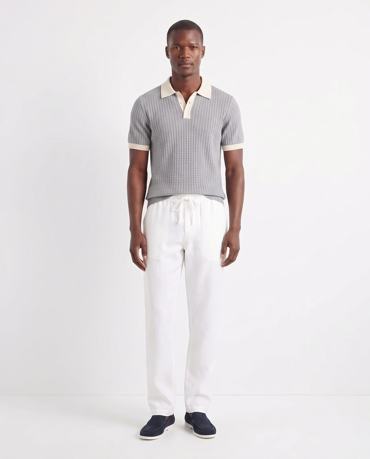 Contrast Collar Knit Polo — Grey — full look on the model, worn with Linen Trouser, Drawstring — White and Terra Loafer — Navy Suede, White Sole