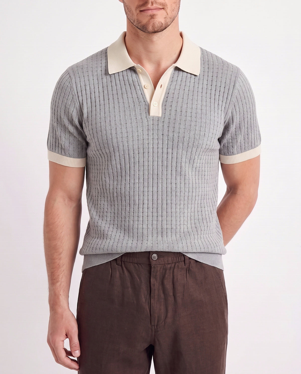 Contrast Collar Knit Polo — Grey — close-up on the model, worn with Linen Trouser, Button Waist — Dark Brown and Terra Loafer — Cream, Beige Sole