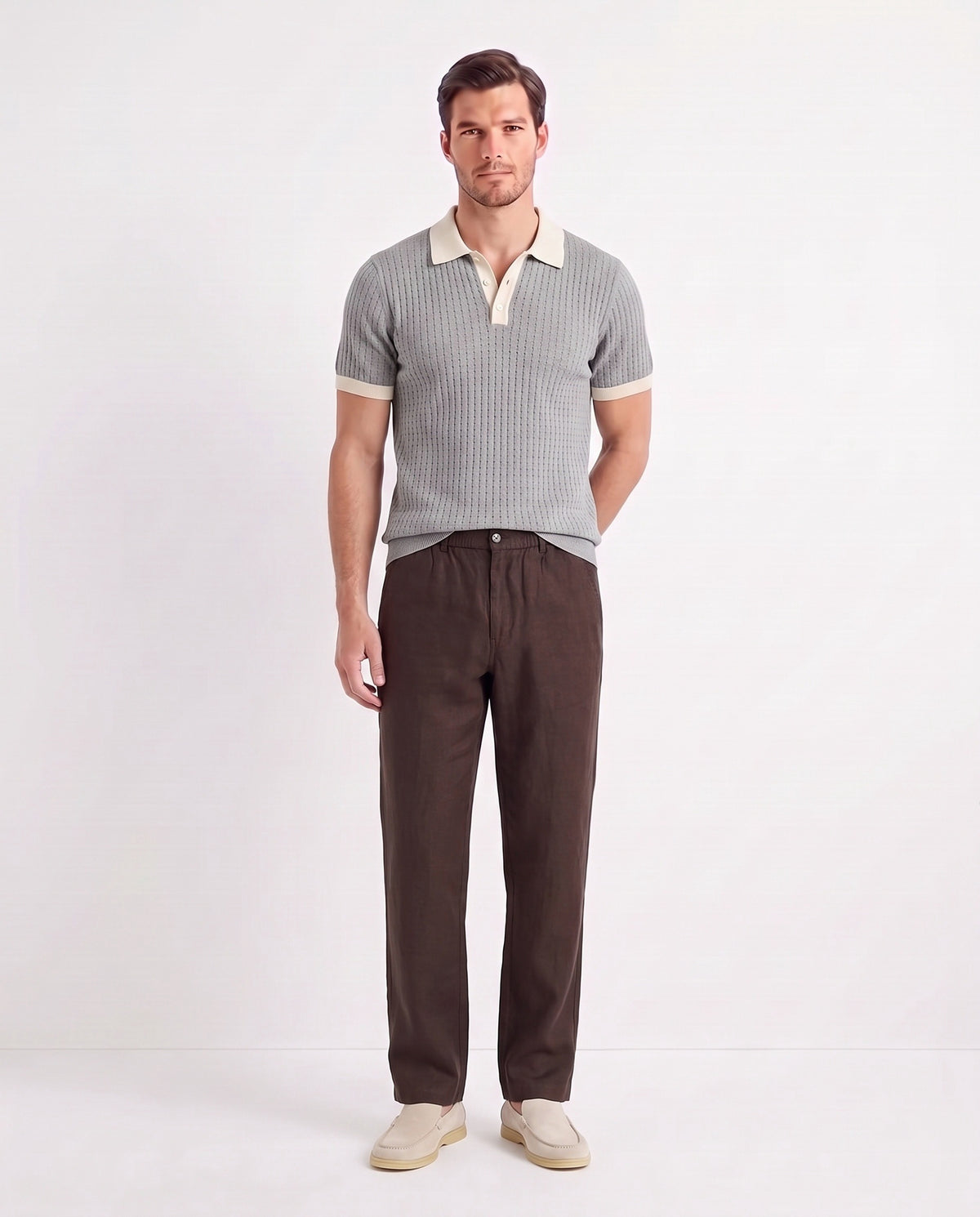 Contrast Collar Knit Polo — Grey — full look on the model, worn with Linen Trouser, Button Waist — Dark Brown and Terra Loafer — Cream, Beige Sole