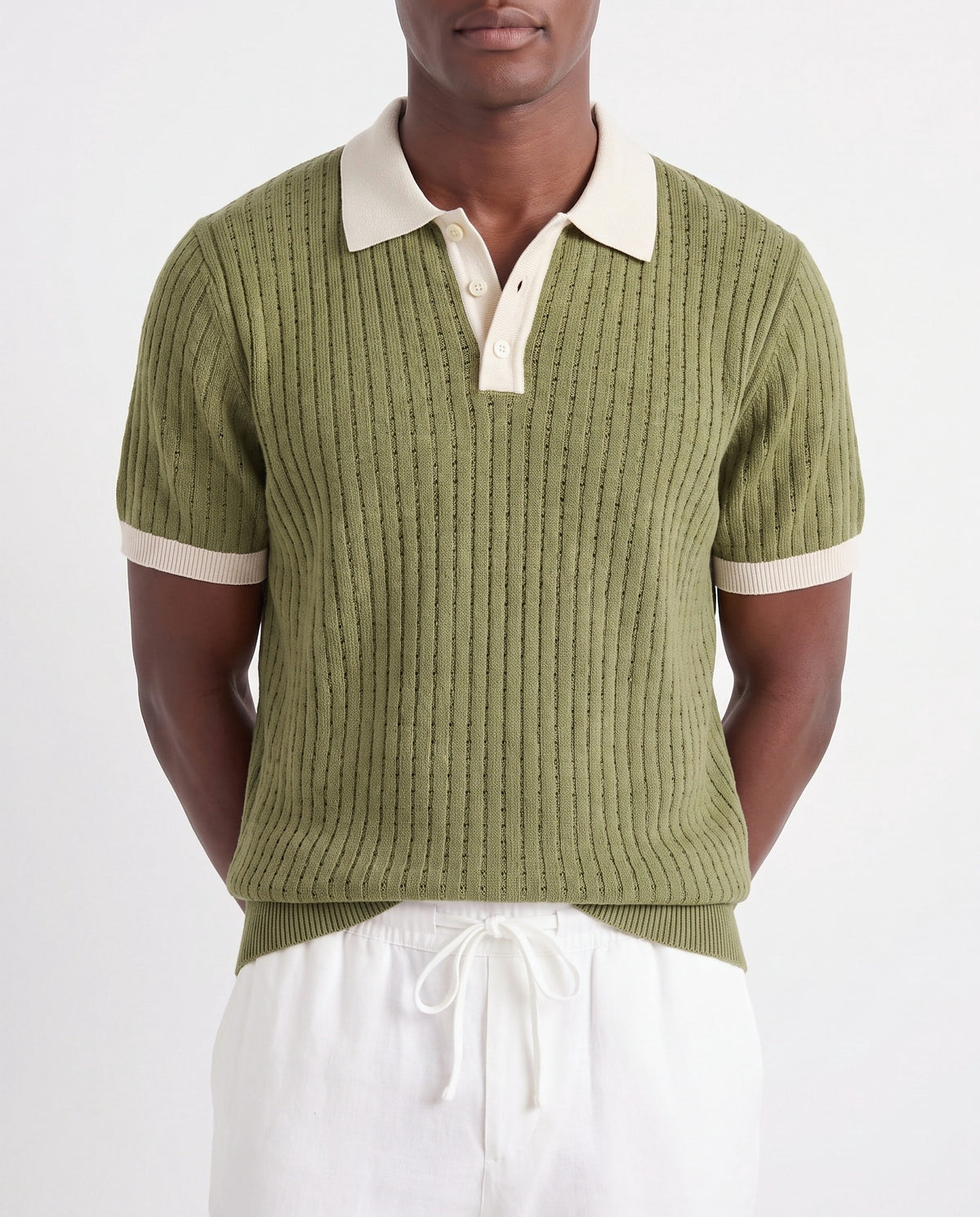 Contrast Collar Knit Polo — Olive — close-up on the model, worn with Linen Trouser, Drawstring — White and Terra Loafer — Olive Suede, White Sole