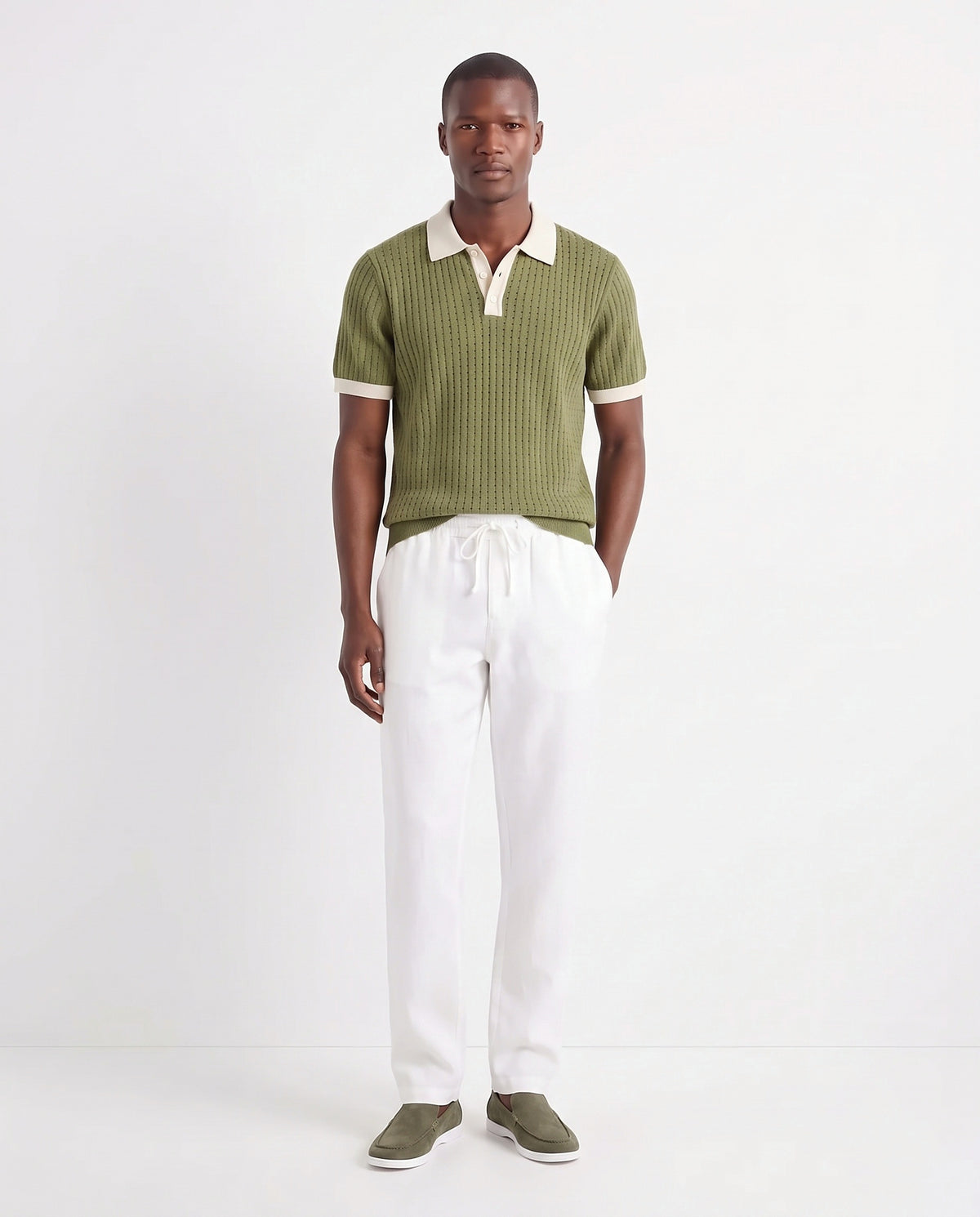 Contrast Collar Knit Polo — Olive — full look on the model, worn with Linen Trouser, Drawstring — White and Terra Loafer — Olive Suede, White Sole