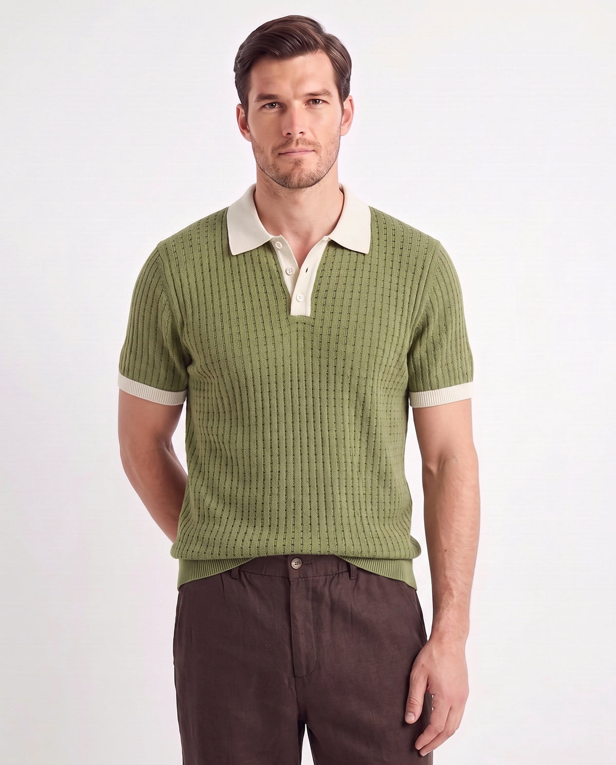 Contrast Collar Knit Polo — Olive — close-up on the model, worn with Linen Trouser, Button Waist — Dark Brown and Terra Loafer — Tobacco, Light Grey Sole