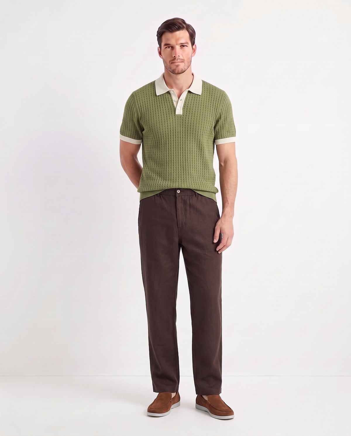 Contrast Collar Knit Polo — Olive — full look on the model, worn with Linen Trouser, Button Waist — Dark Brown and Terra Loafer — Tobacco, Light Grey Sole