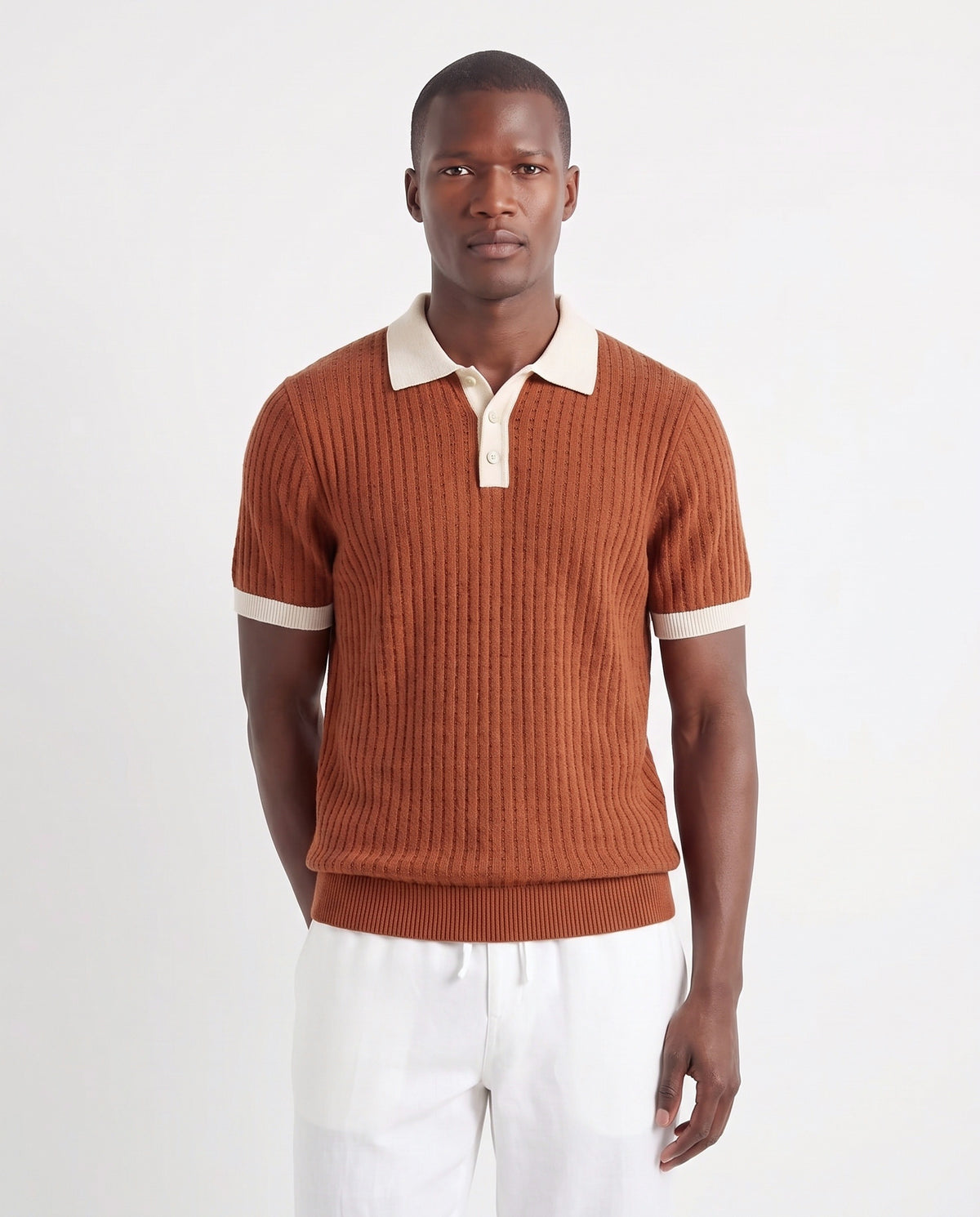 Contrast Collar Knit Polo — Rust — close-up on the model, worn with Linen Trouser, Drawstring — White and Dune Mule — Sage Green