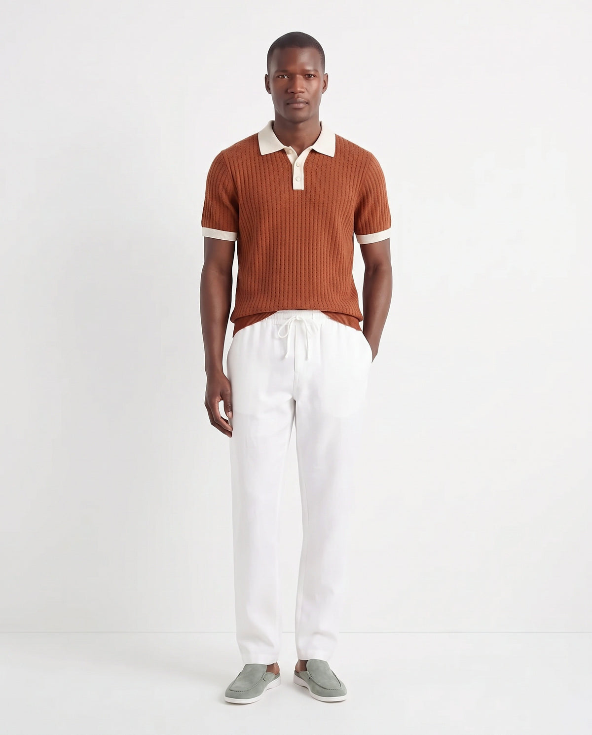 Contrast Collar Knit Polo — Rust — full look on the model, worn with Linen Trouser, Drawstring — White and Dune Mule — Sage Green