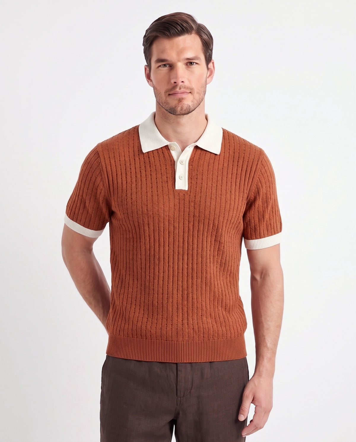 Contrast Collar Knit Polo — Rust — close-up on the model, worn with Linen Trouser, Button Waist — Dark Brown and Terra Loafer — Stone Grey, Beige Sole
