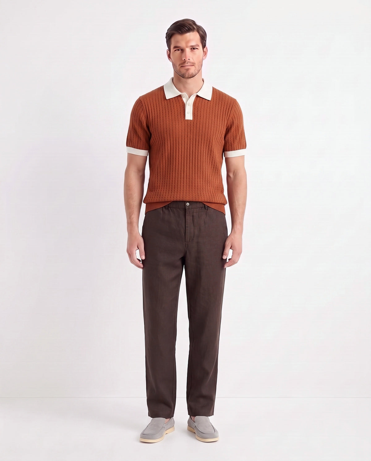 Contrast Collar Knit Polo — Rust — full look on the model, worn with Linen Trouser, Button Waist — Dark Brown and Terra Loafer — Stone Grey, Beige Sole