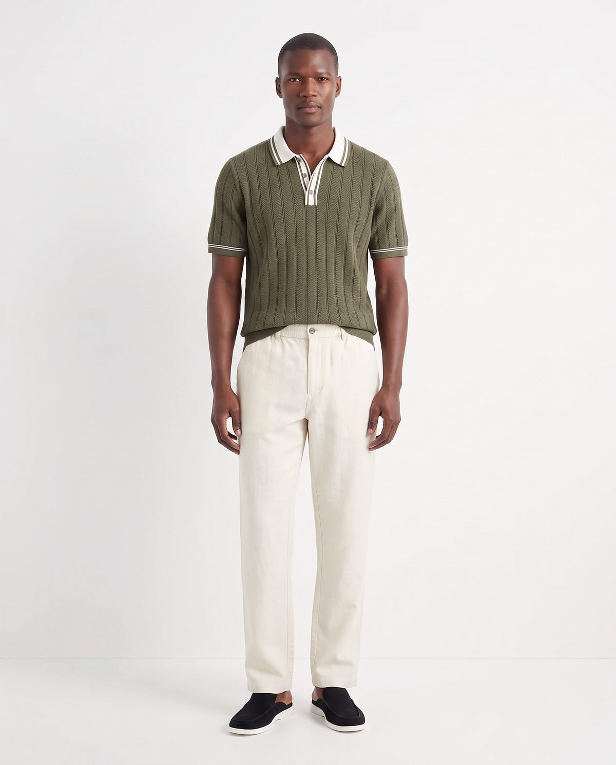 Dune Mule — Black — full look on the model, worn with Tipped Knit Polo — Olive and Linen Trouser, Button Waist — Cream