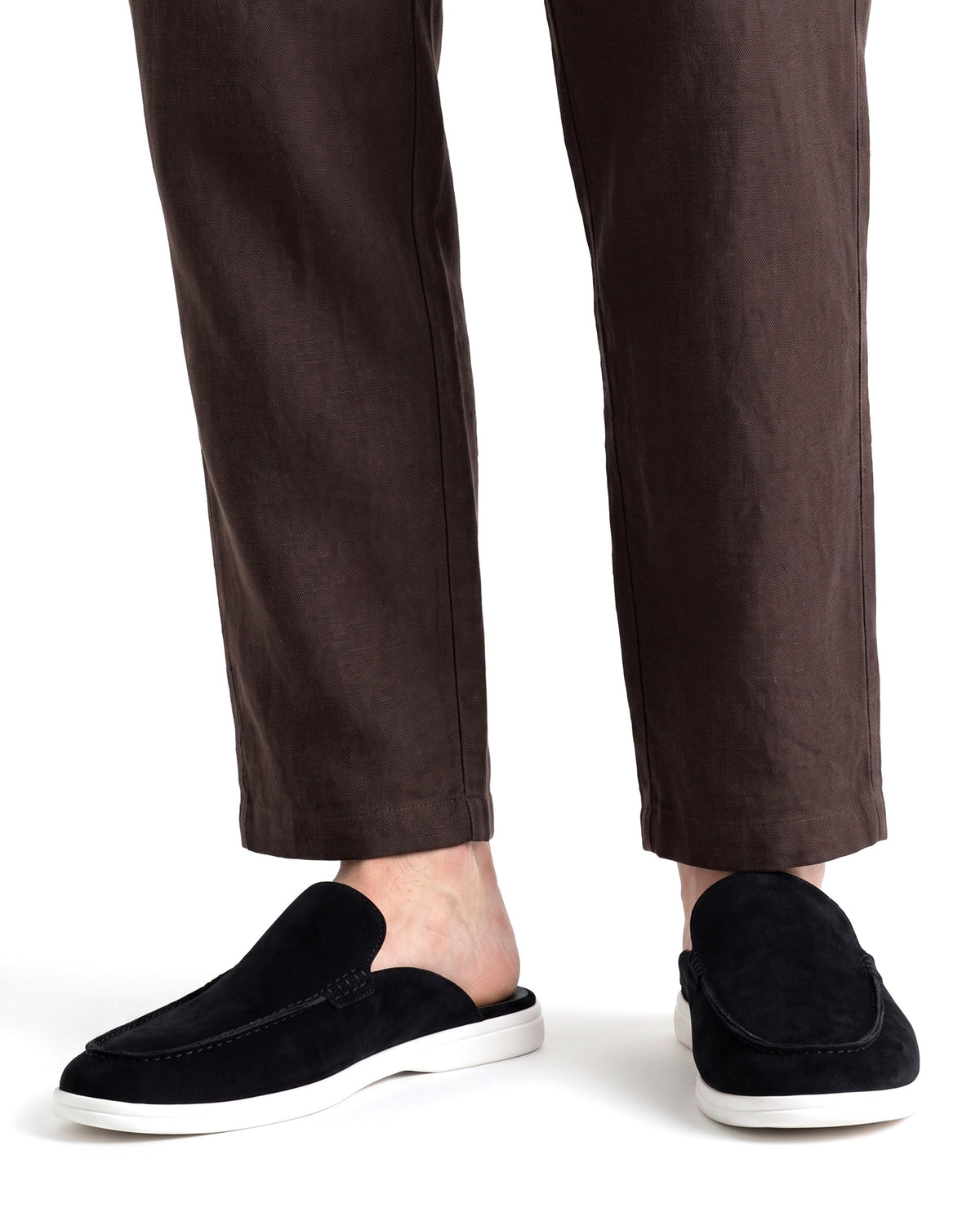 Dune Mule — Black — on foot, close-up, worn with Contrast Collar Knit Polo — Grey and Linen Trouser, Button Waist — Dark Brown